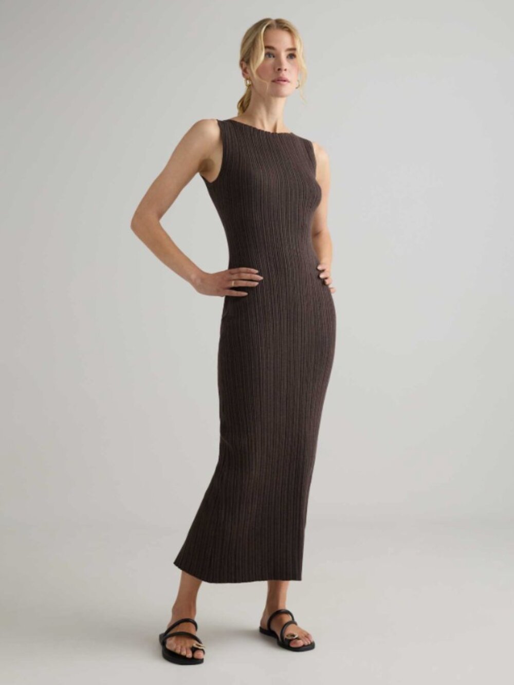 Quince Women Cotton Cashmere Ribbed Sleeveless Midi Dress Brown XL